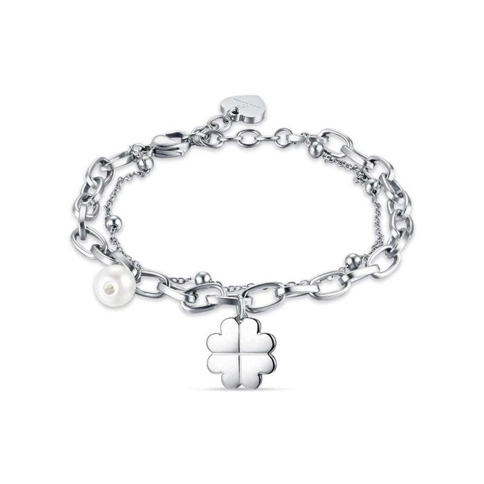 Steel bracelet with four-leaf clover and pearls