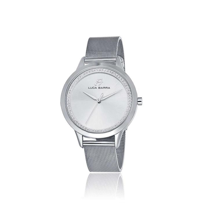 Montre avec boîtier, bracelet et cadran en acier avec cristaux blancs