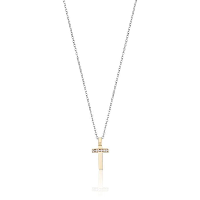 Collier en acier avec croix en or IP avec cristaux blancs