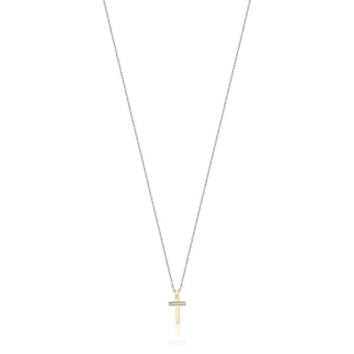 Collier en acier avec croix en or IP avec cristaux blancs