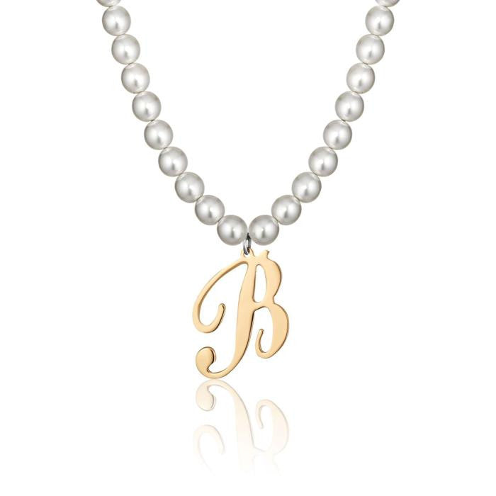 Collana In Acciaio Con Perle Sintetiche E Lettera B