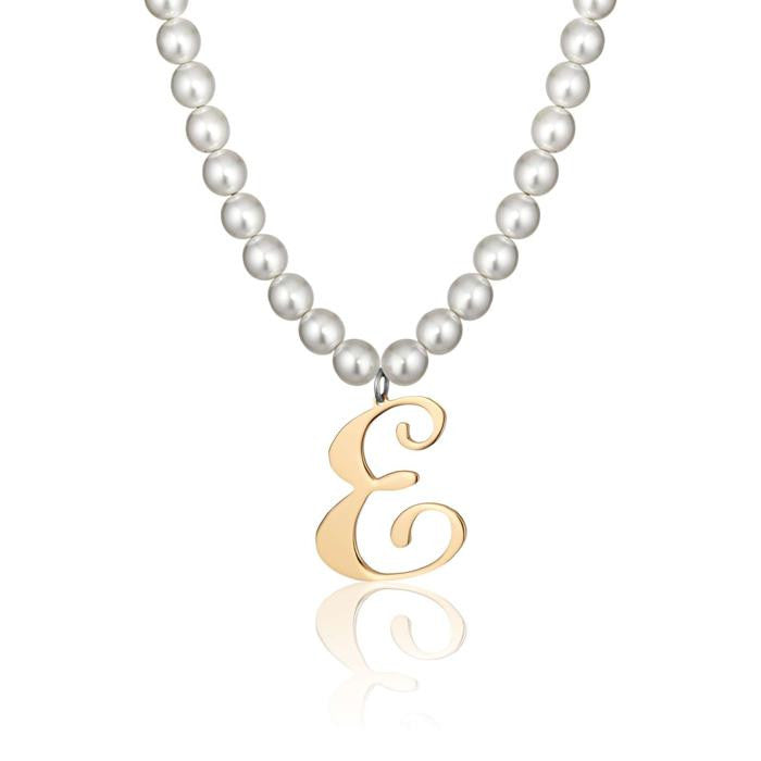 Collana In Acciaio Con Perle Sintetiche E Lettera E