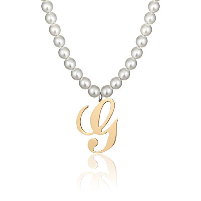 Collana In Acciaio Con Perle Sintetiche E Lettera G