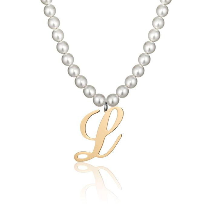 Collana In Acciaio Con Perle Sintetiche E Lettera L