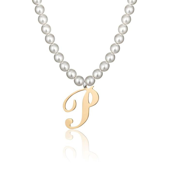 Collana In Acciaio Con Perle Sintetiche E Lettera P