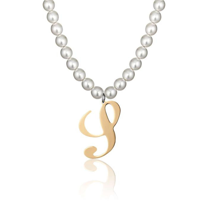 Collana In Acciaio Con Perle Sintetiche E Lettera S