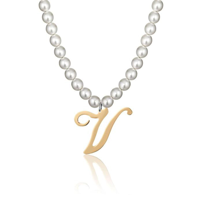 Collana In Acciaio Con Perle Sintetiche E Lettera V