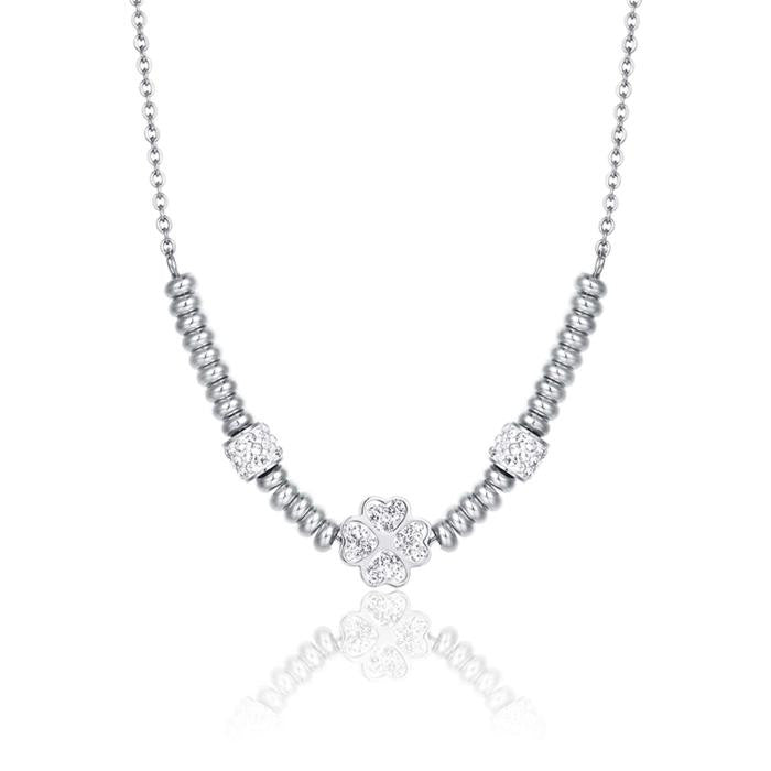 Collana In Acciaio Con Quadrifoglio Con Cristalli Bianchi