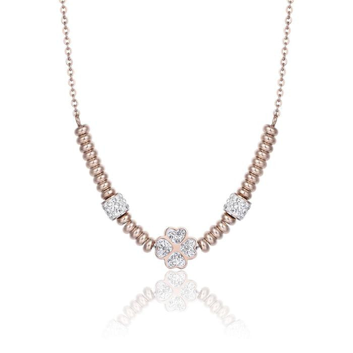Collana In Acciaio Ip Rose Con Quadrifoglio Con Cristalli Bianchi
