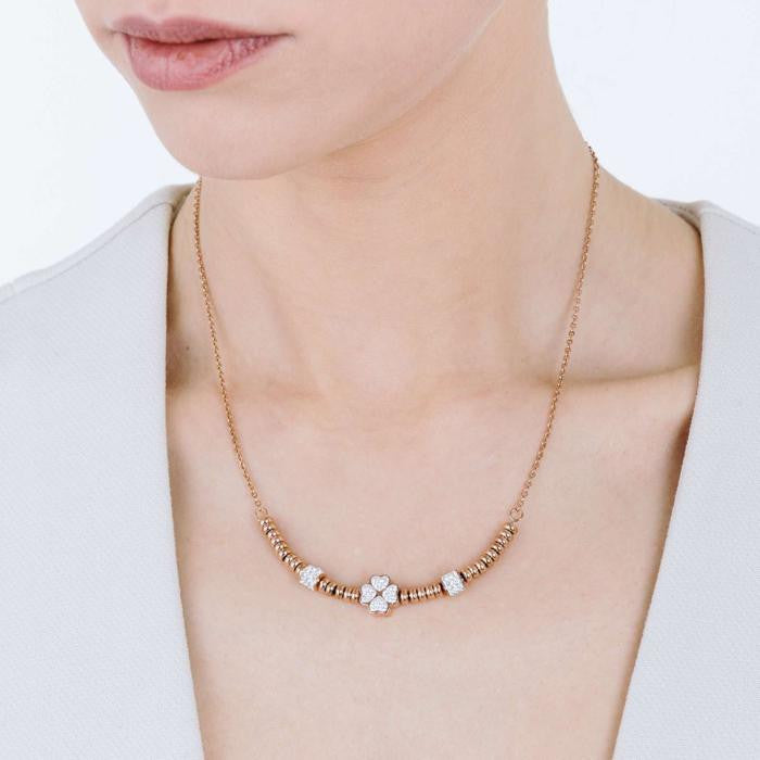 Collana In Acciaio Ip Rose Con Quadrifoglio Con Cristalli Bianchi