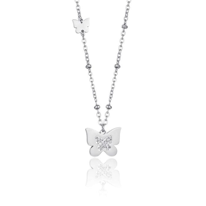 Collana In Acciaio Con Farfalle Con Cristalli Bianchi