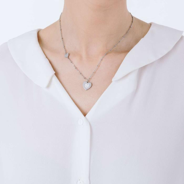 Collana In Acciaio Con Cuori Con Cristalli Bianchi