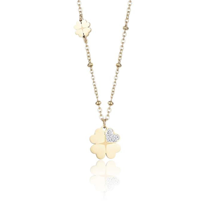 Collana In Acciaio Ip Gold Con Quadrifogli Con Cristalli Bianchi