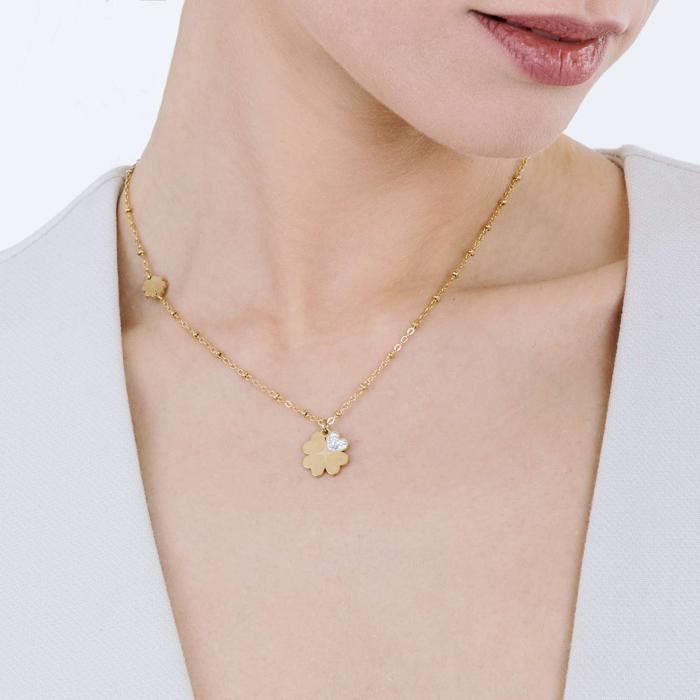 Collana In Acciaio Ip Gold Con Quadrifogli Con Cristalli Bianchi