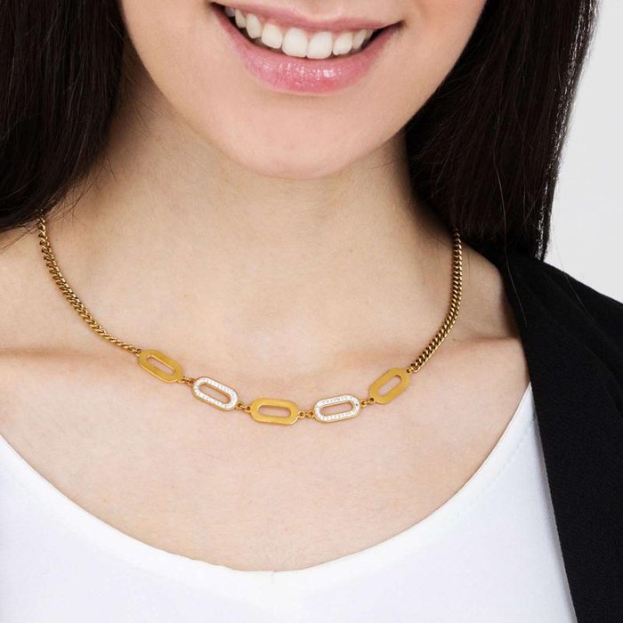 IP gold steel necklace with white crystals