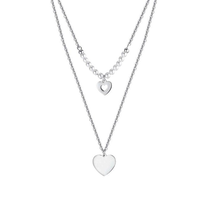Steel necklace with hearts and white pearls