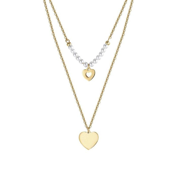 IP gold steel necklace with hearts and white pearls