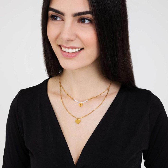 IP gold steel necklace with hearts and white pearls