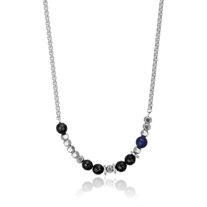 Collier en acier avec pierres de lapis-lazuli et d'onyx