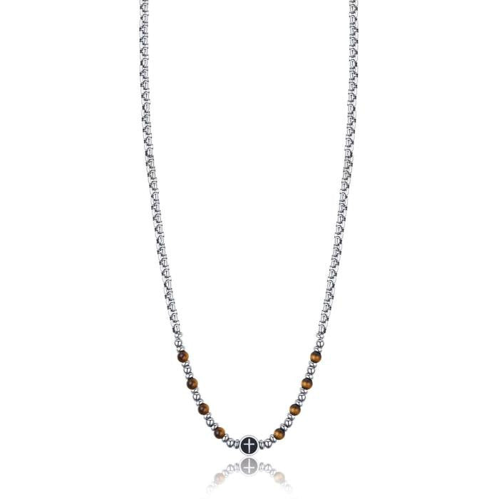 Collana In Acciaio Con Croce Ed Occhio Di Tigre