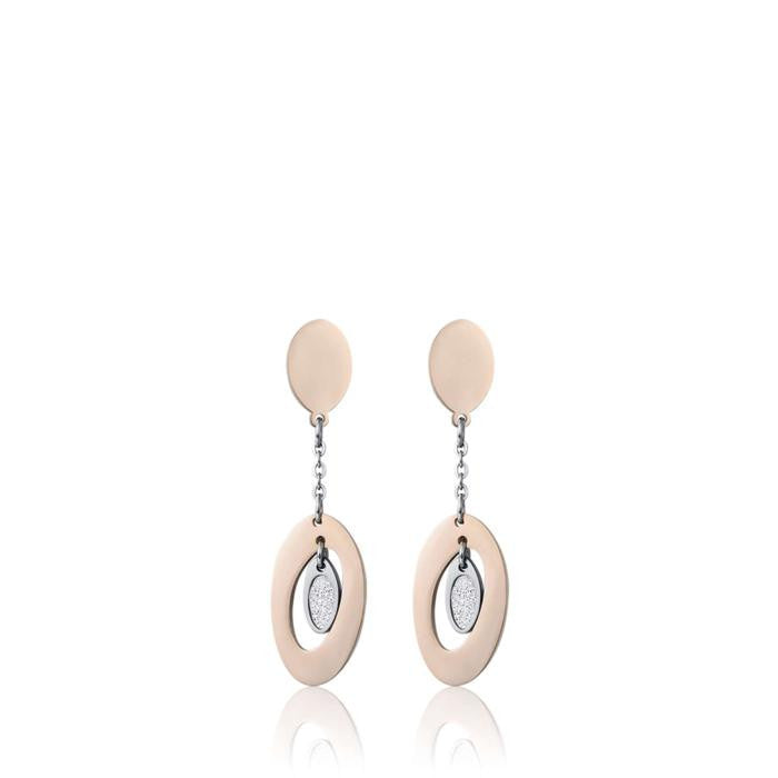 Boucles d'oreilles en acier rose IP avec éléments en acier et paillettes blanches