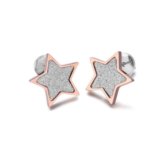 Boucles d'oreilles en acier avec étoile, rose IP et paillettes