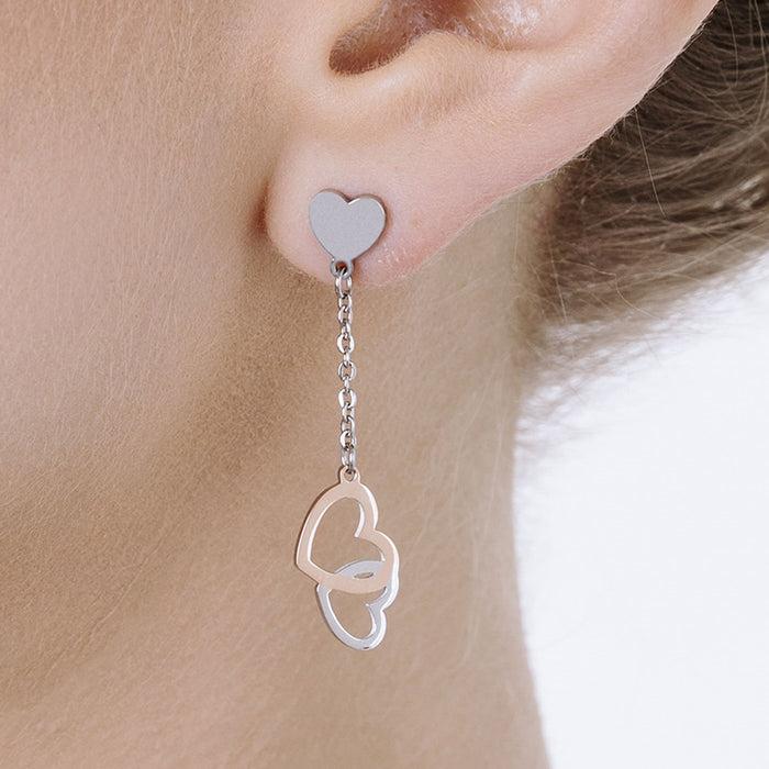 ORECCHINI IN ACCIAIO CON CUORI IN ACCIAIO E ACCIAIO IP ROSE
