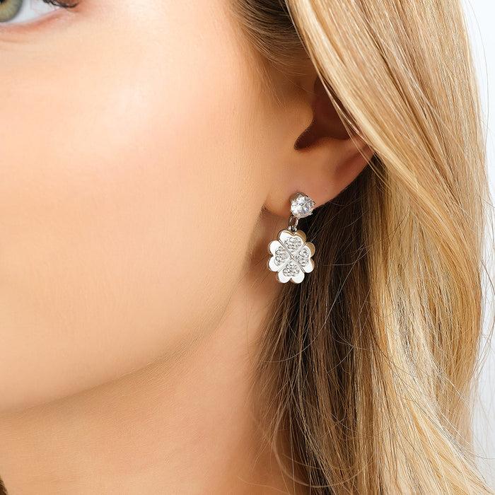 WOMEN'S STEEL EARRINGS WITH CLOVERS WITH WHITE CRYSTALS