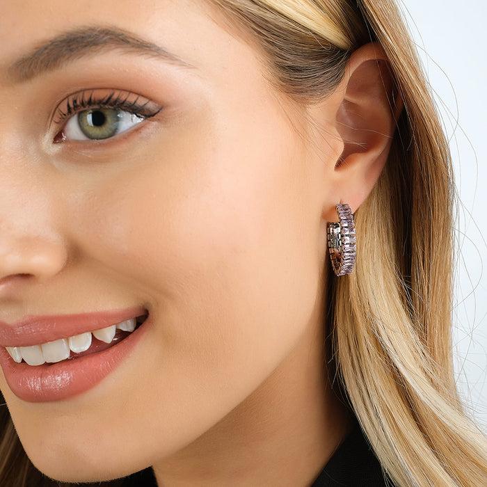 BOUCLES D'OREILLES FEMME EN ACIER AVEC CRISTAUX ROSES