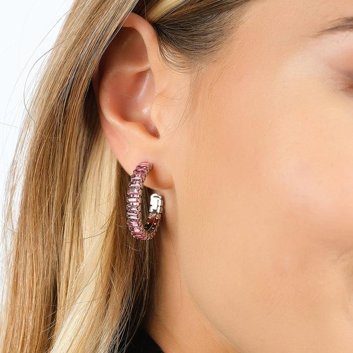 BOUCLES D'OREILLES FEMME EN ACIER AVEC CRISTAUX FUCHSIA