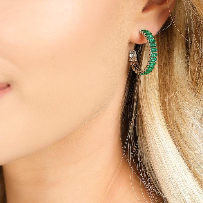 BOUCLES D'OREILLES FEMME EN ACIER AVEC CRISTAUX VERTS