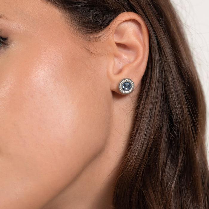 BOUCLES D'OREILLES EN ACIER POUR FEMME AVEC ÉLÉMENTS EN CRISTAUX AIGUE-MARINE ET CRISTAUX BLANCS