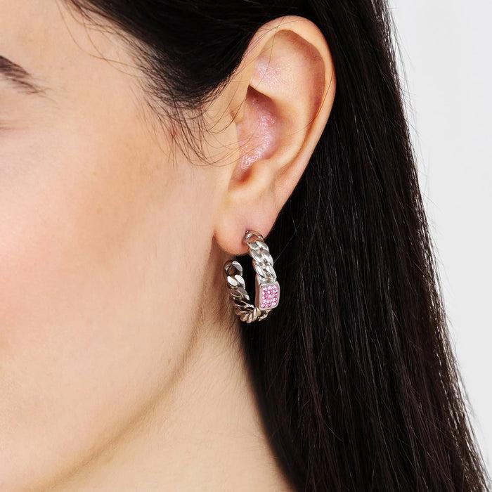 BOUCLES D'OREILLES FEMME EN ACIER AVEC CRISTAUX FUCHSIA