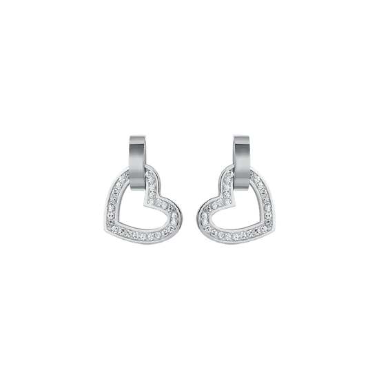 WOMEN'S STEEL EARRINGS WITH HEARTS AND WHITE CRYSTALS AND ELEMENTS