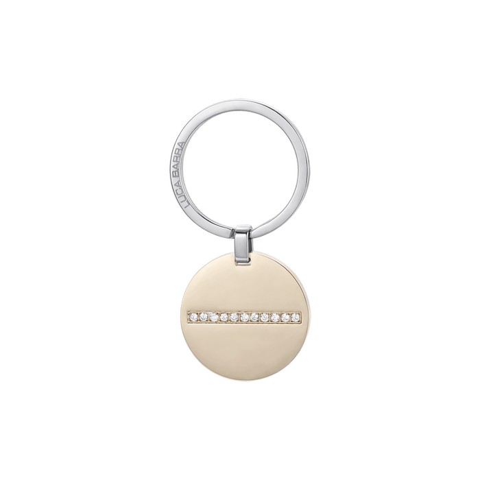 PORTE-CLÉS EN ACIER POUR HOMME AVEC PLAQUE CIRCULAIRE EN ACIER IP DORÉ ET CRISTAUX