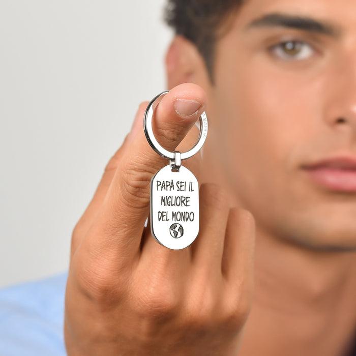 MEN'S KEY RING IN STEEL WITH BLACK ENAMEL "DAD YOU'RE THE BEST IN THE WORLD"