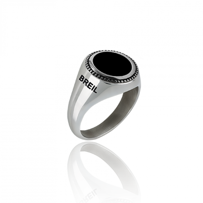 Polished Steel Ring With Round Black Onyx Stone.