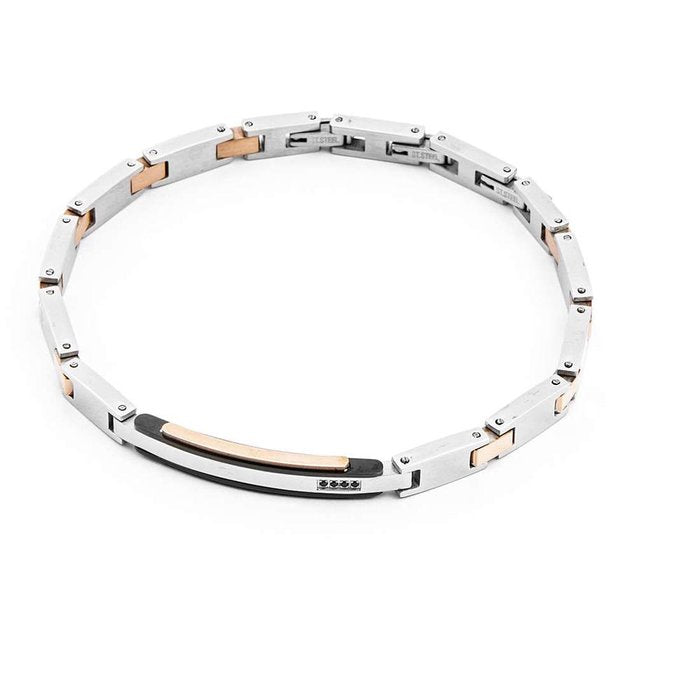 Bracelet en acier à maille plate bicolore avec plaque diamantée