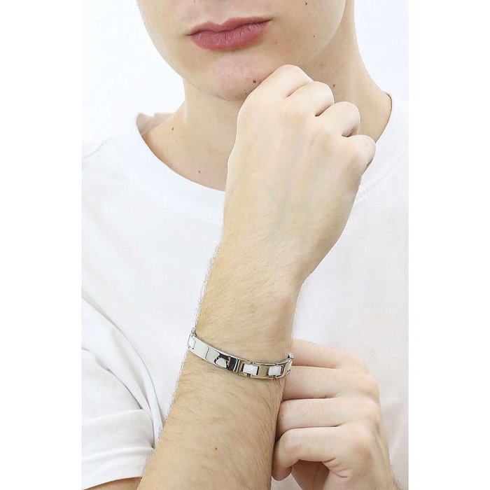 Flat mesh bracelet in steel and white ceramic with central plate