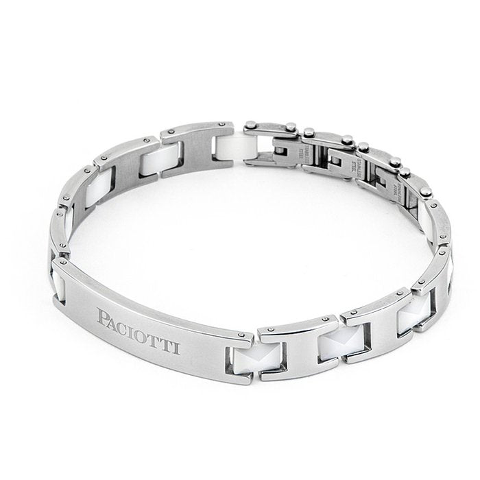 Flat mesh bracelet in steel and white ceramic with central plate
