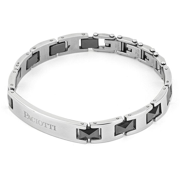 Flat mesh bracelet in steel and black ceramic with central plate