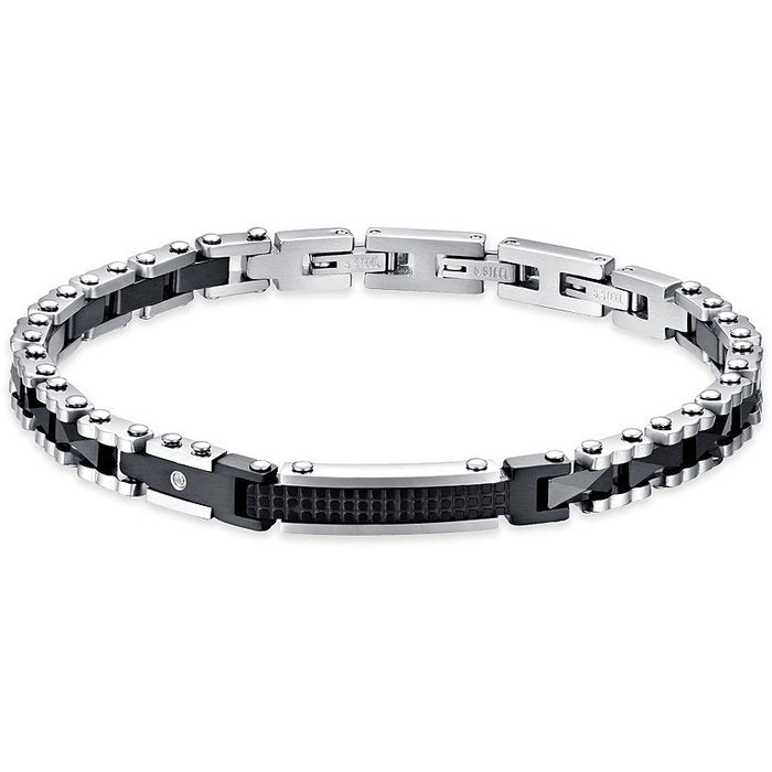 BRACELET HOMME EN ACIER ET CÉRAMIQUE NOIRE AVEC CRISTAL BLANC