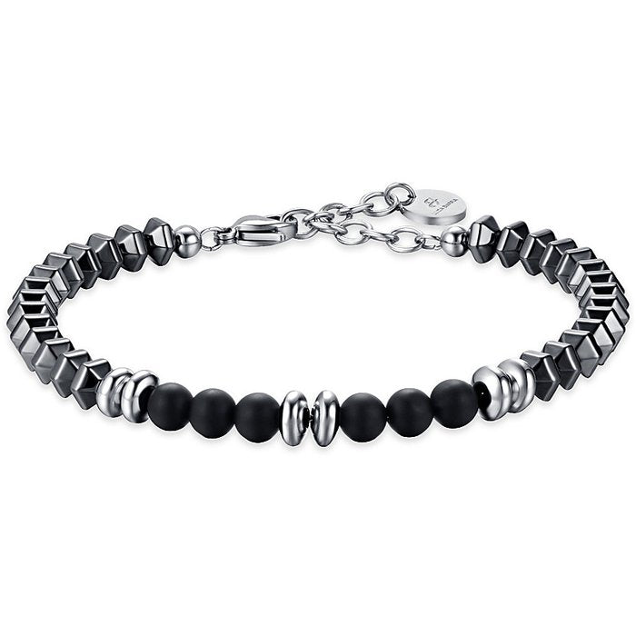 BRACCIALE UOMO IN ACCIAIO CON EMATITE IP GRIGIO E PIETRE NERE