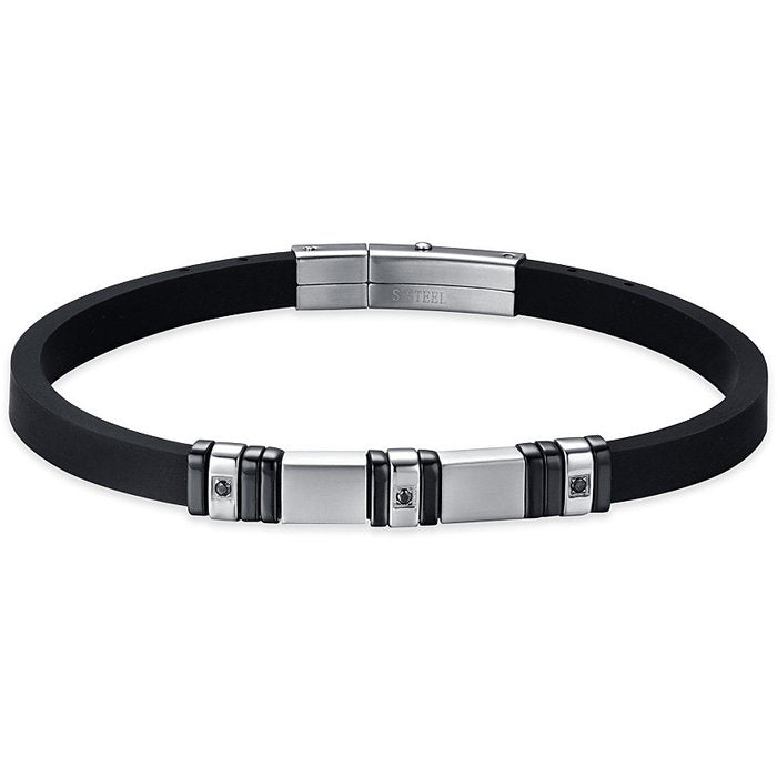 BRACELET HOMME EN SILICONE NOIR AVEC ÉLÉMENTS EN ACIER ET IP NOIR AVEC CRISTAUX