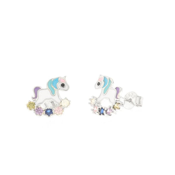Boucles d'oreilles licorne en argent 925 ornées de cristaux colorés en forme de fleur