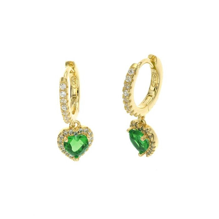 925 Silver Hoop Earrings with Snap Closure Studded with Zirconia and Green Zirconia Pendant Heart