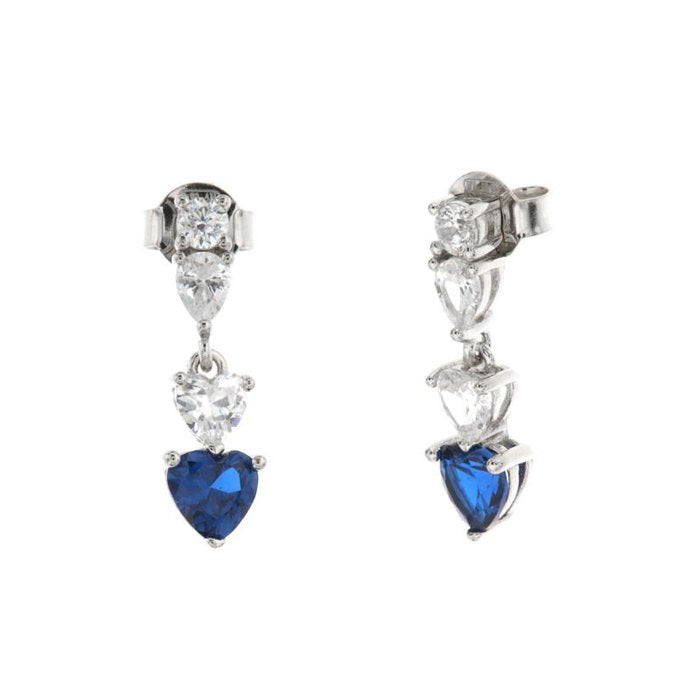 925 Silver Earrings with Heart Pendant Zirconia and Sapphire Blue Zirconia