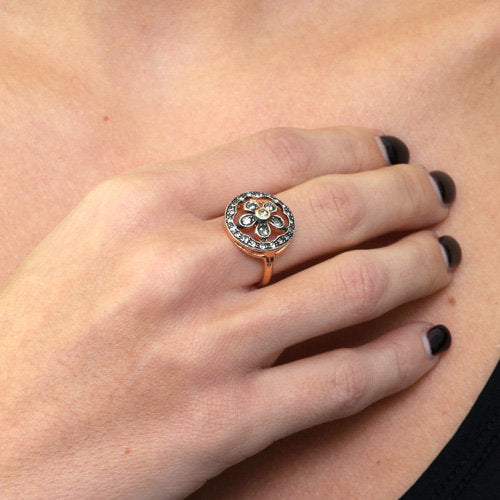 925 Silver Ring Antique Style with Flower and Smoke Crystals