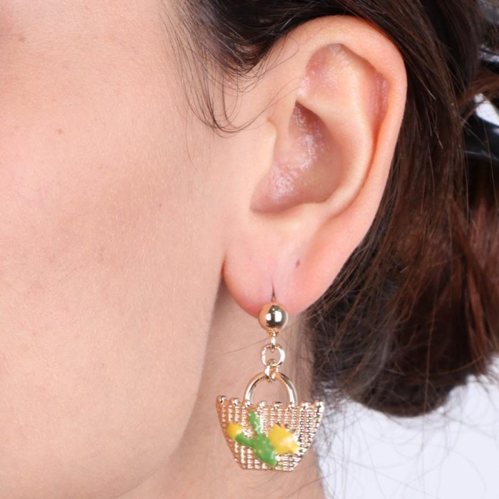 Boucles d'oreilles en métal avec panier suspendu, figue de Barbarie et citrons de Sicile