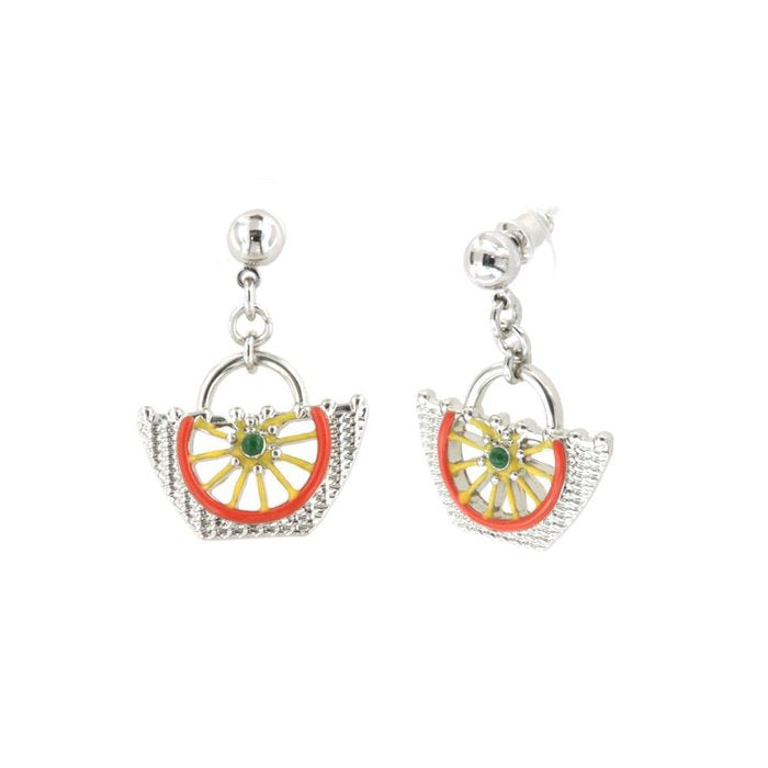 Sicilian basket metal earrings with Sicilian wagon wheel design embellished with colored enamels